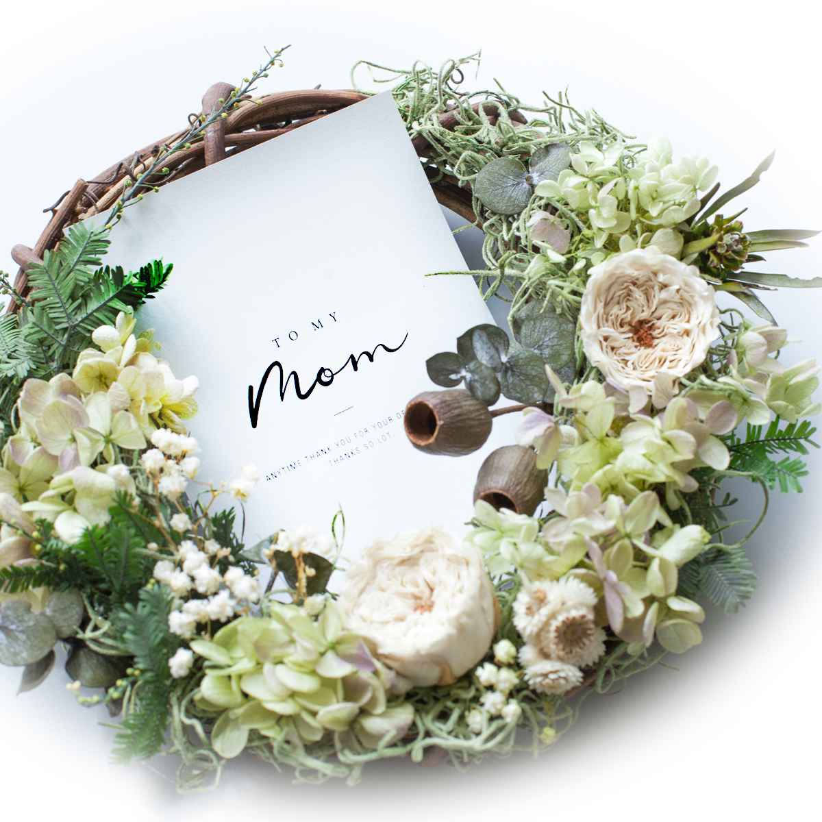 グリーン ミモザとあじさいのリース(プリザーブドフラワー) - 画像 (2)