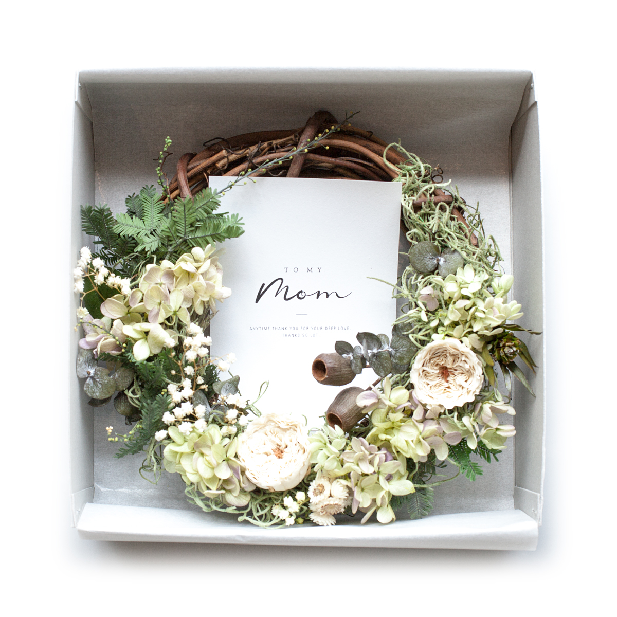 グリーン ミモザとあじさいのリース(プリザーブドフラワー) - 画像 (3)