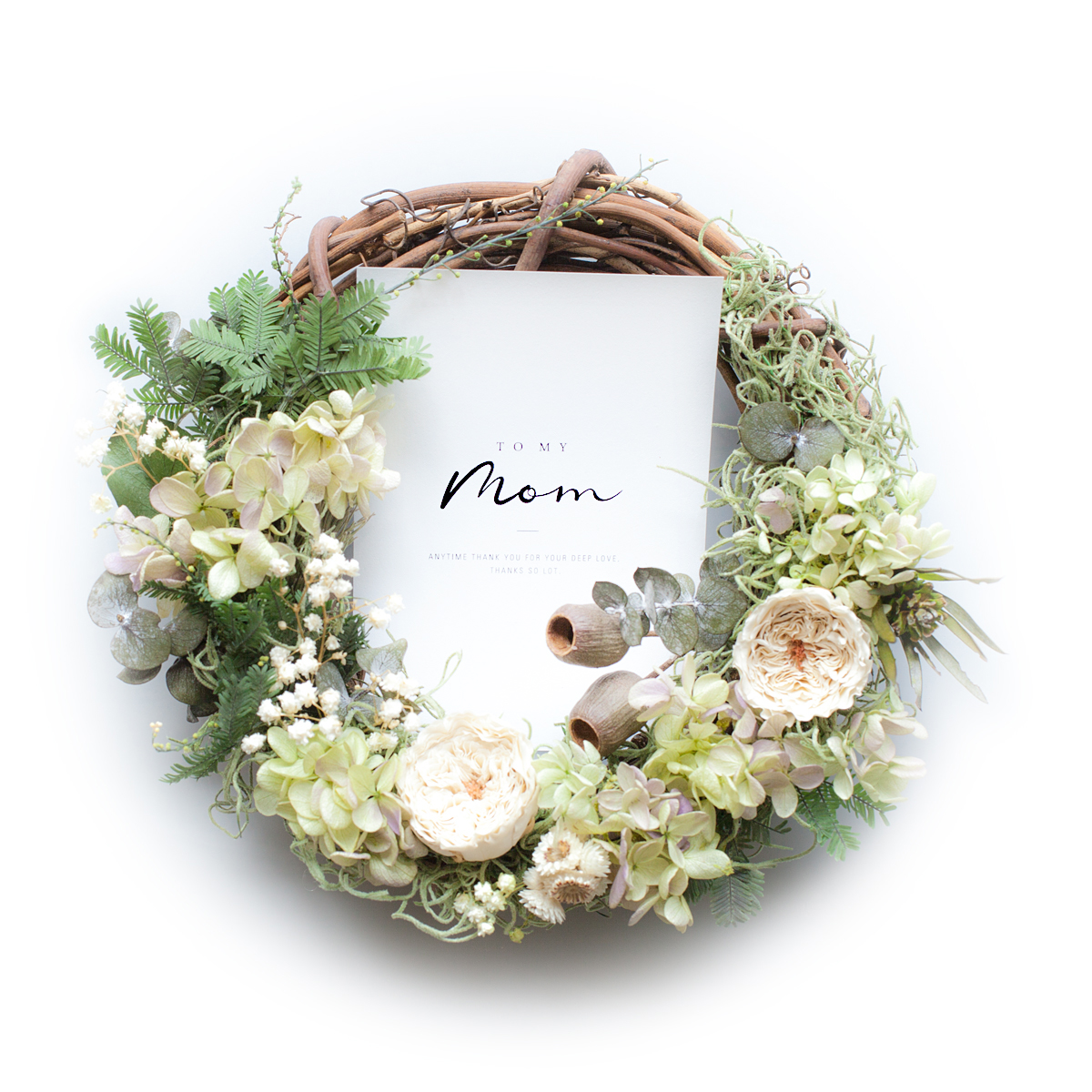 グリーン ミモザとあじさいのリース(プリザーブドフラワー)