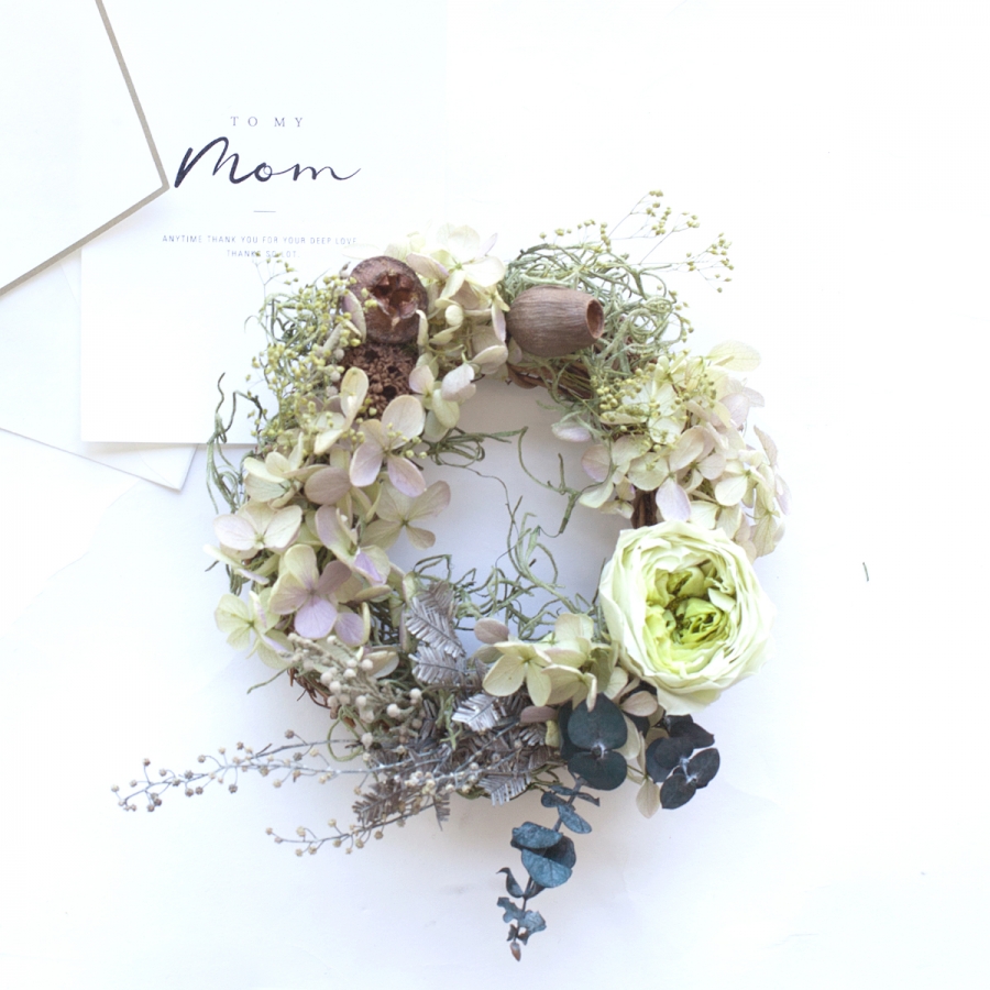 アンティークグリーン ミモザとあじさいのリース(プリザーブドフラワー)