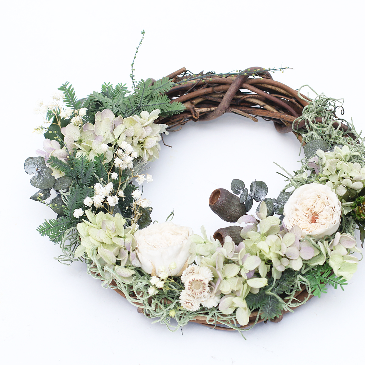グリーン ミモザとあじさいのリース(プリザーブドフラワー) - 画像 (4)