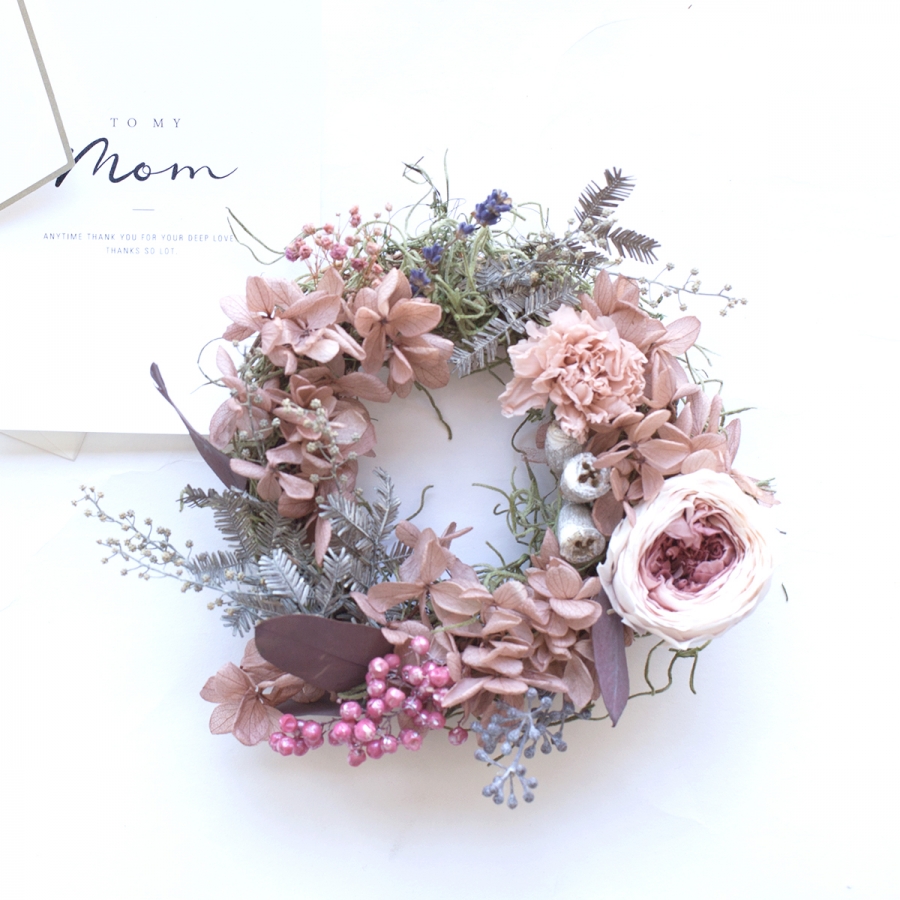 アンティークピンク ミモザとあじさいのリース(プリザーブドフラワー)